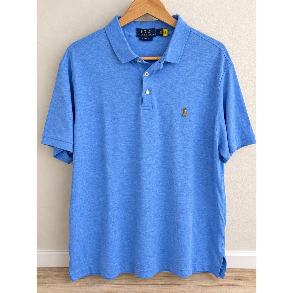 Polo Ralph Lauren Mens Classic Fit Heather Blue Multicolor Pony Polo Shirt L